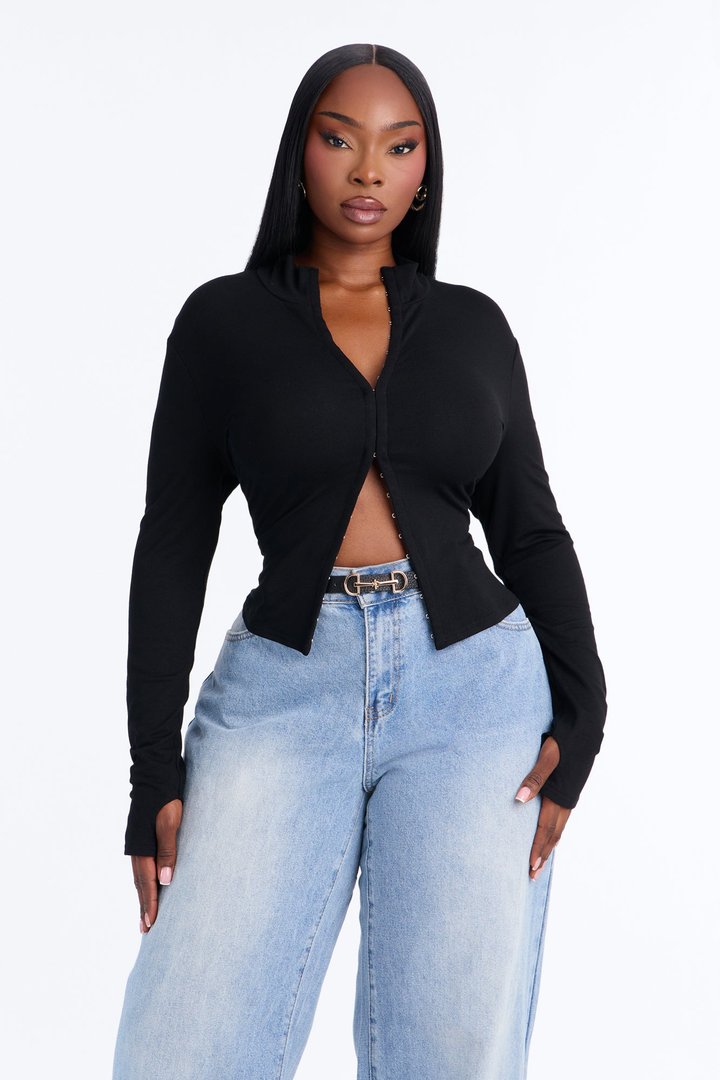 Nataly Hook And Eye Mock Neck Long Sleeve Top - Black