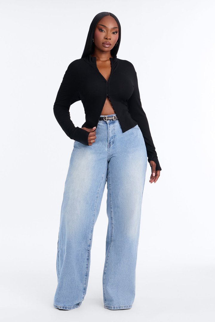 Nataly Hook And Eye Mock Neck Long Sleeve Top - Black