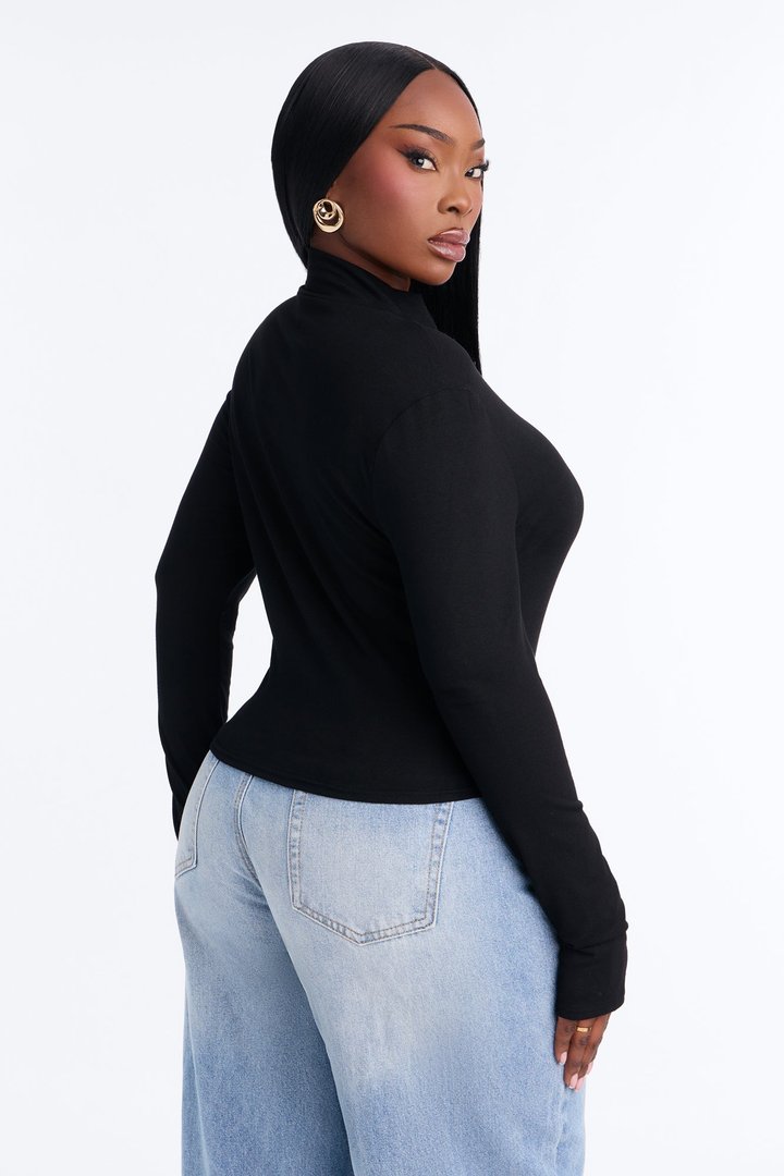 Nataly Hook And Eye Mock Neck Long Sleeve Top - Black
