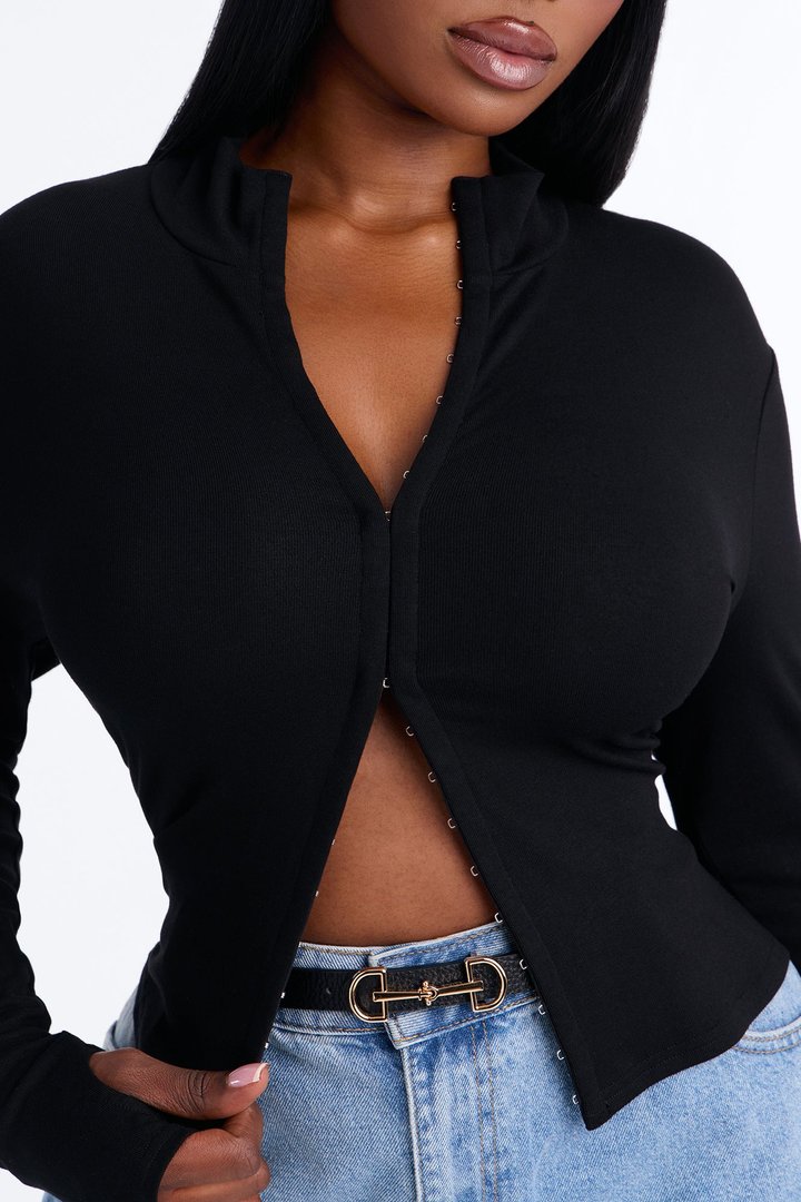 Nataly Hook And Eye Mock Neck Long Sleeve Top - Black