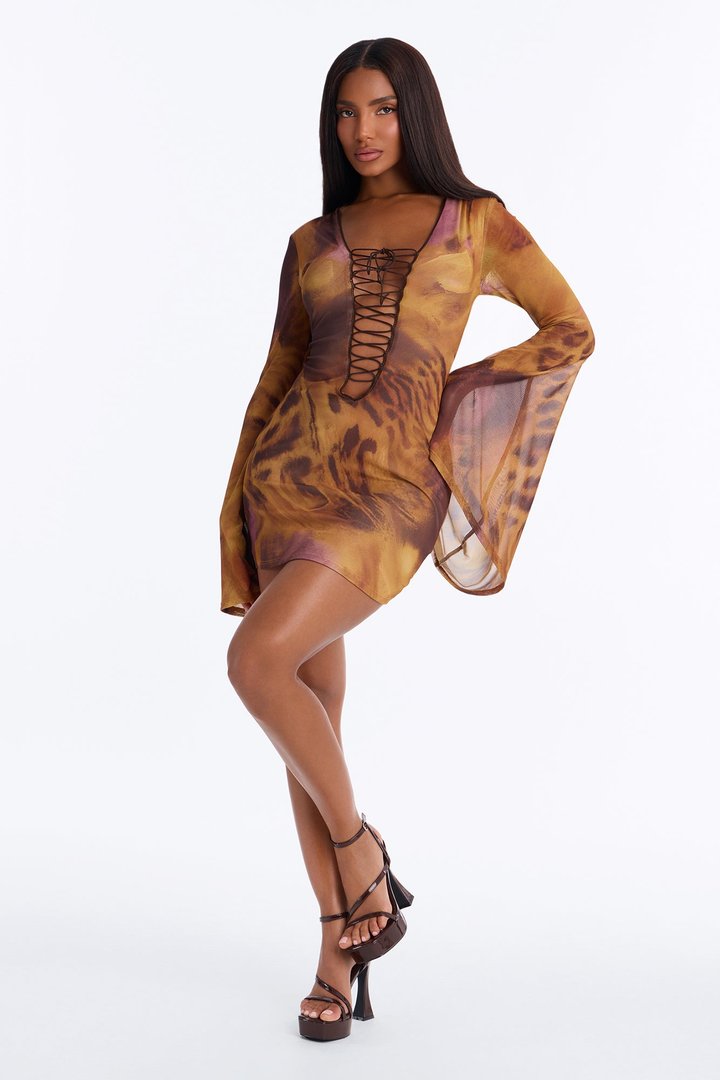 Imani Lace Up Mesh Mini Dress - Brown/combo