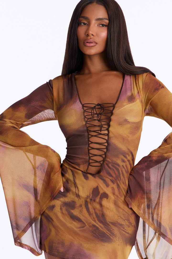 Imani Lace Up Mesh Mini Dress - Brown/combo
