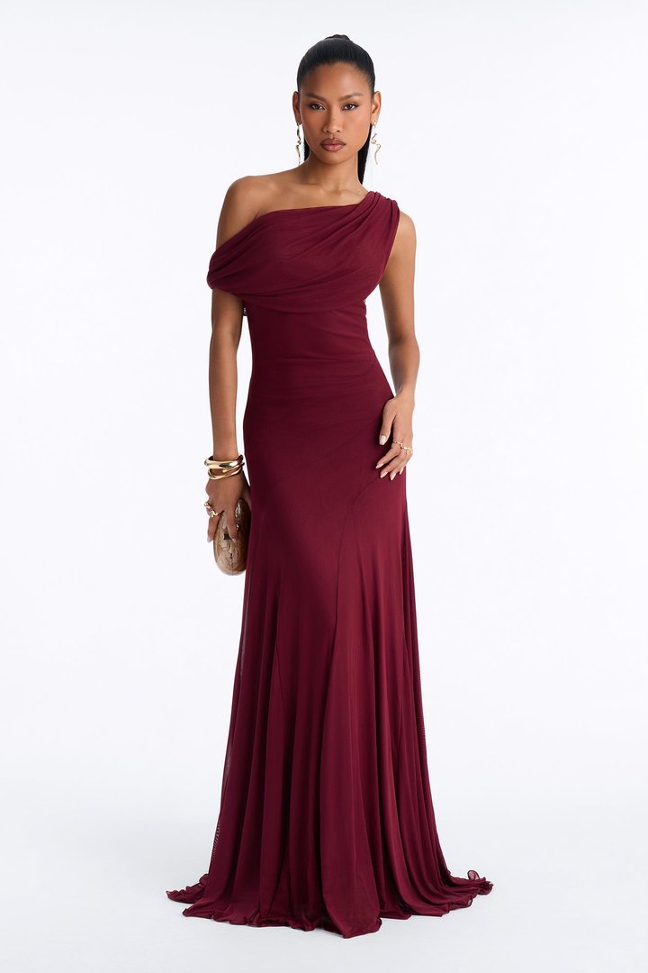 Anastasia Draped Mesh Maxi Dress - Wine
