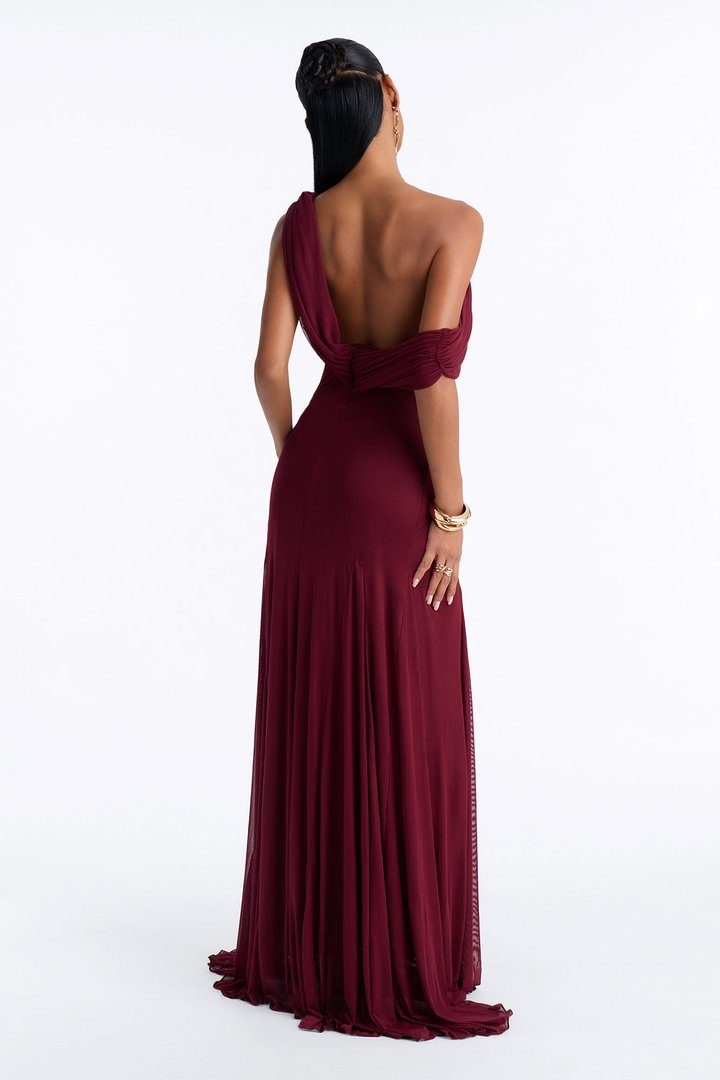 Anastasia Draped Mesh Maxi Dress - Wine