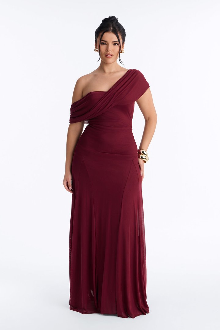 Anastasia Draped Mesh Maxi Dress - Wine