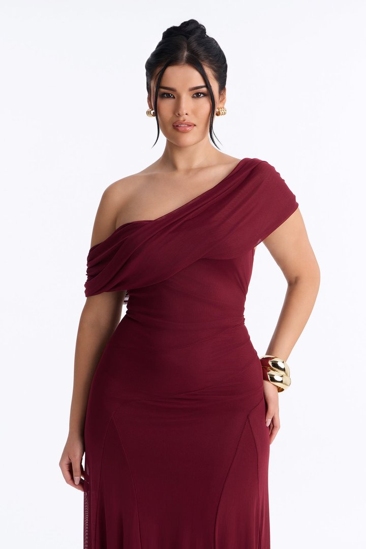 Anastasia Draped Mesh Maxi Dress - Wine