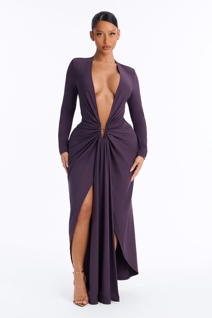 Glow up Deep V Maxi Dress - Plum