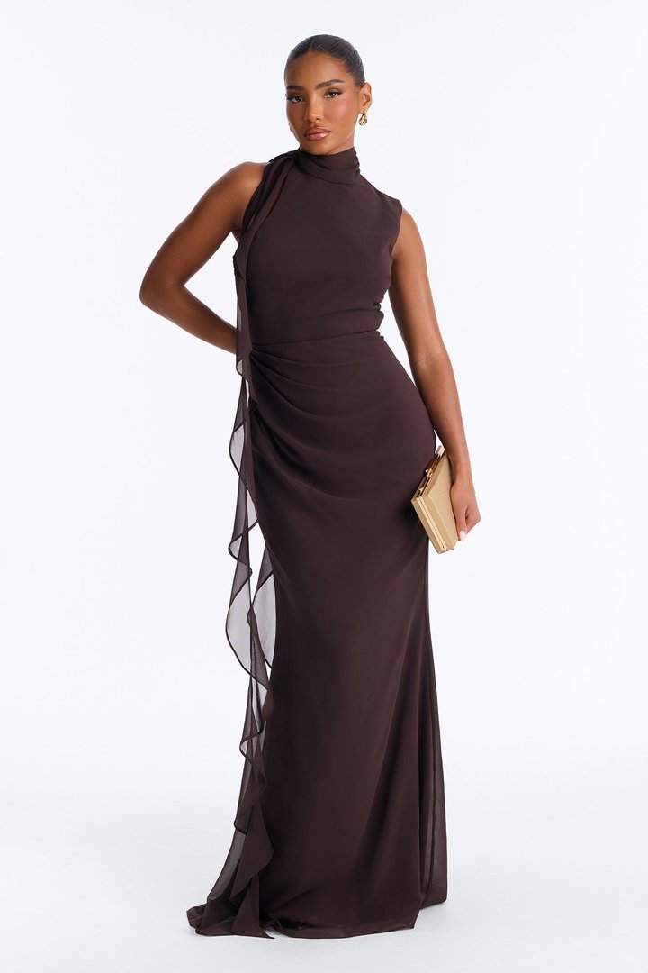 Lucille Backless Chiffon Maxi Dress - Chocolate
