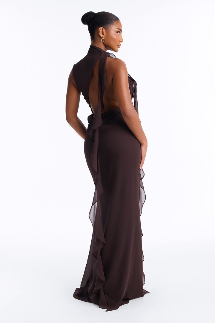 Lucille Backless Chiffon Maxi Dress - Chocolate