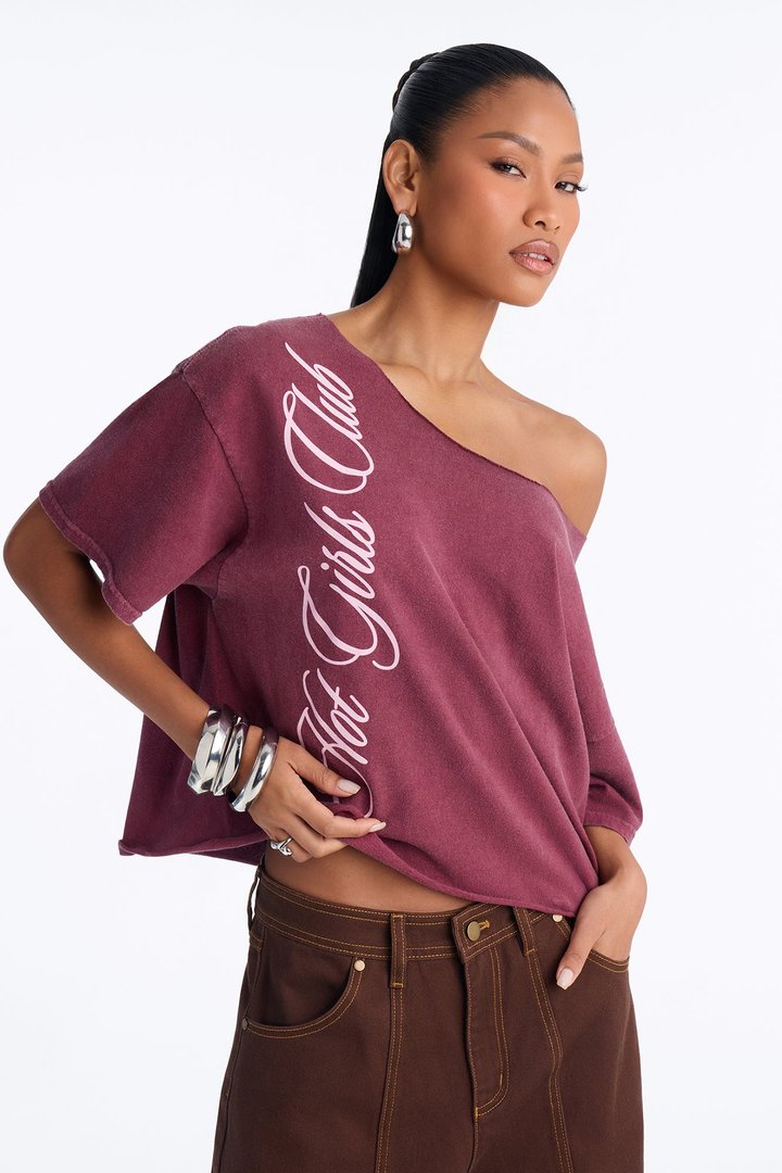 Hot Girls Club Off Shoulder Oversized Tee - Burgundy
