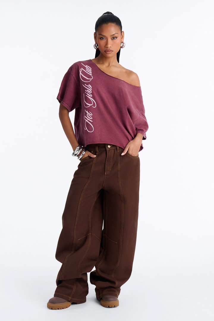 Hot Girls Club Off Shoulder Oversized Tee - Burgundy