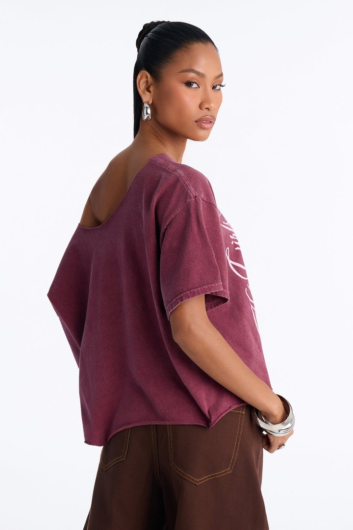 Hot Girls Club Off Shoulder Oversized Tee - Burgundy