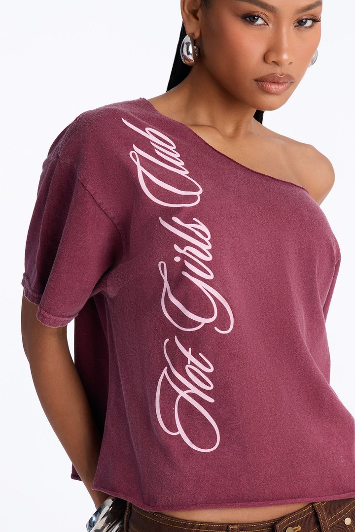 Hot Girls Club Off Shoulder Oversized Tee - Burgundy