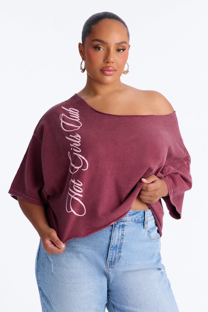 Hot Girls Club Off Shoulder Oversized Tee - Burgundy