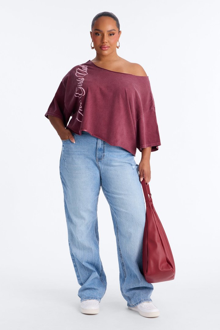 Hot Girls Club Off Shoulder Oversized Tee - Burgundy
