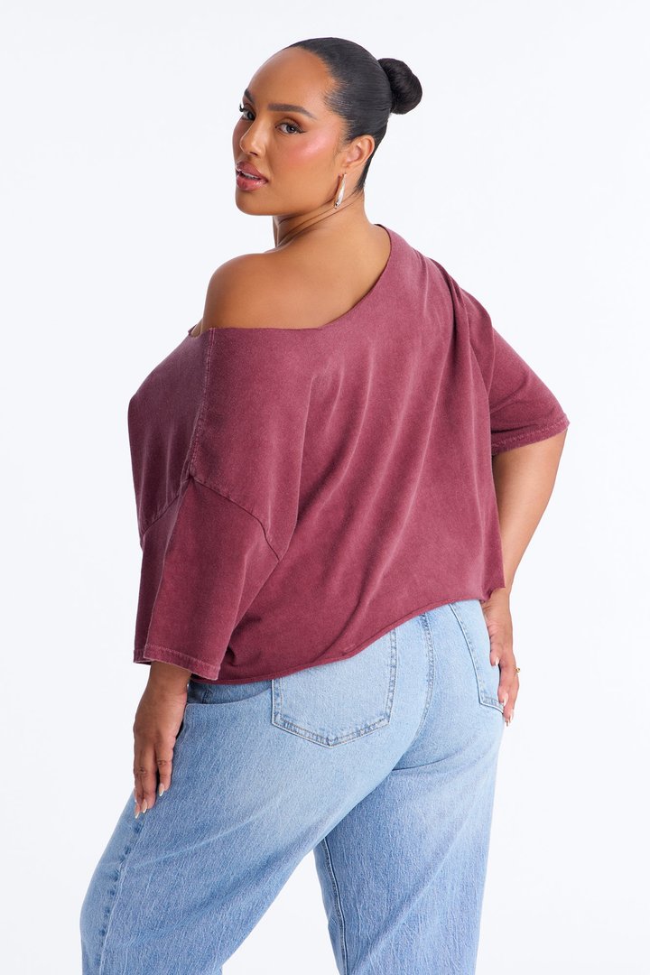 Hot Girls Club Off Shoulder Oversized Tee - Burgundy