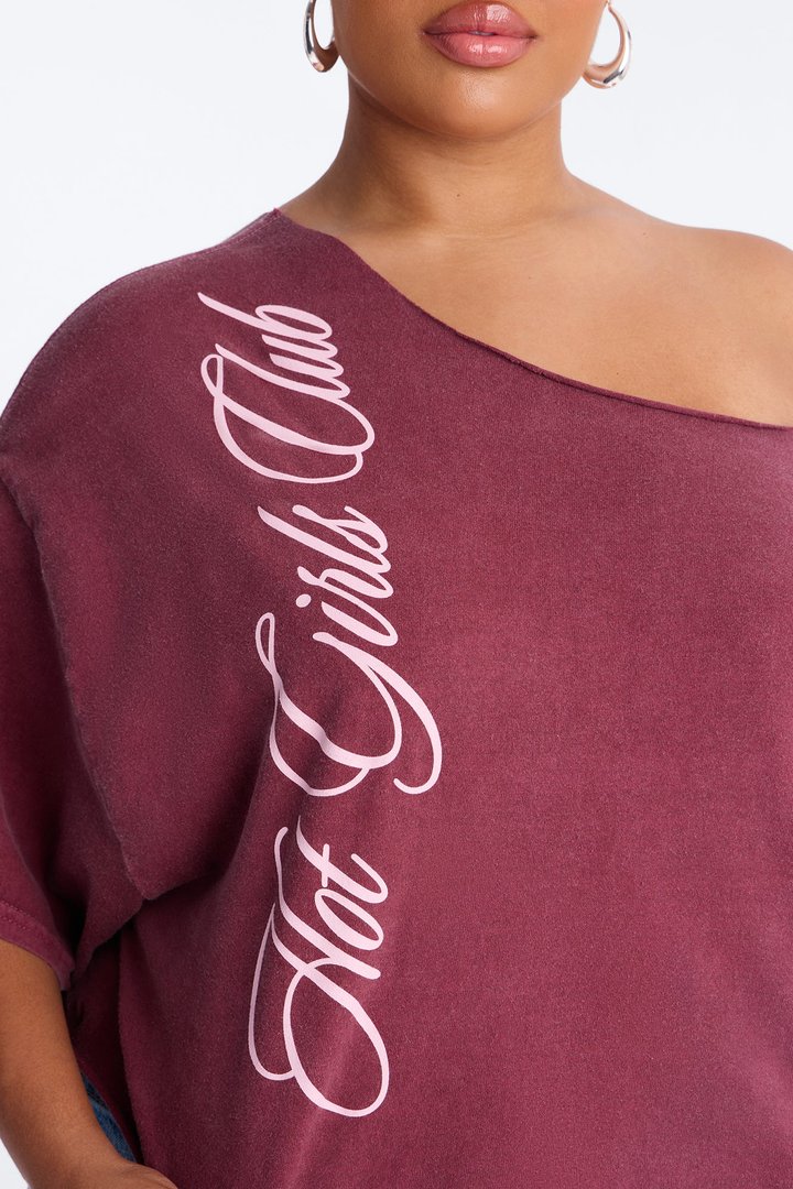 Hot Girls Club Off Shoulder Oversized Tee - Burgundy