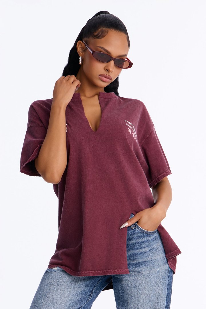 Pure Intentions Notch Neck Washed Tee - Burgundy