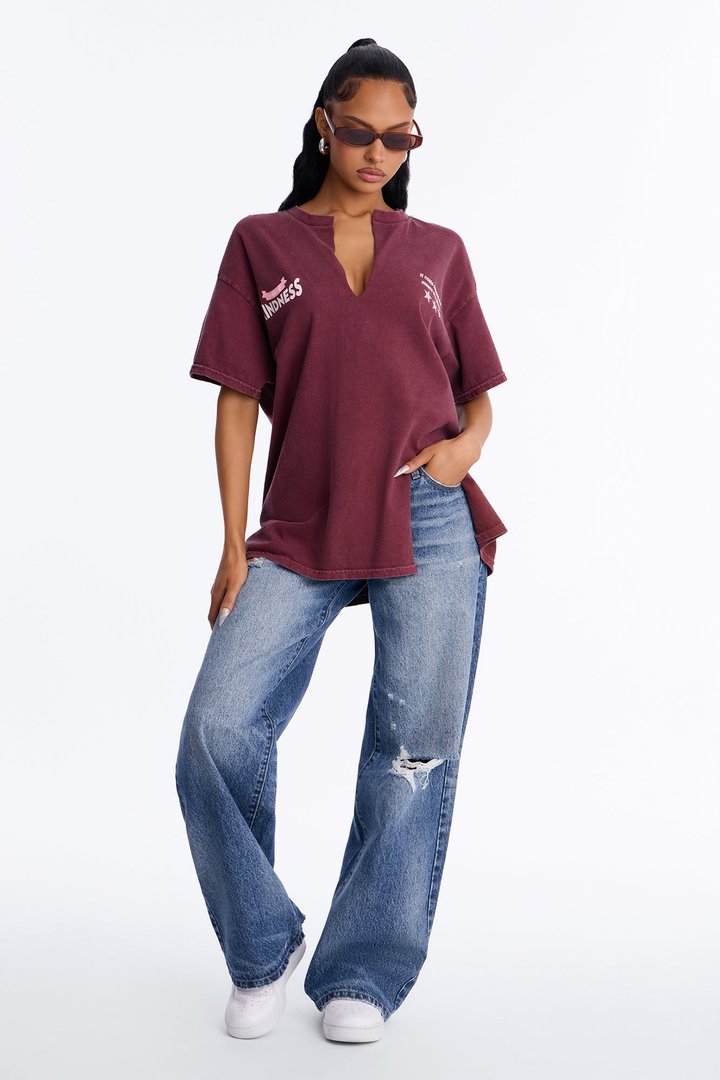 Pure Intentions Notch Neck Washed Tee - Burgundy
