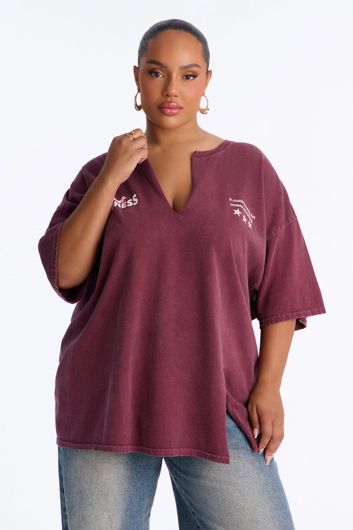 Pure Intentions Notch Neck Washed Tee - Burgundy