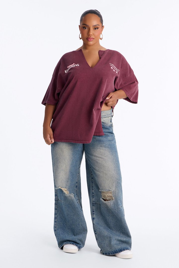 Pure Intentions Notch Neck Washed Tee - Burgundy