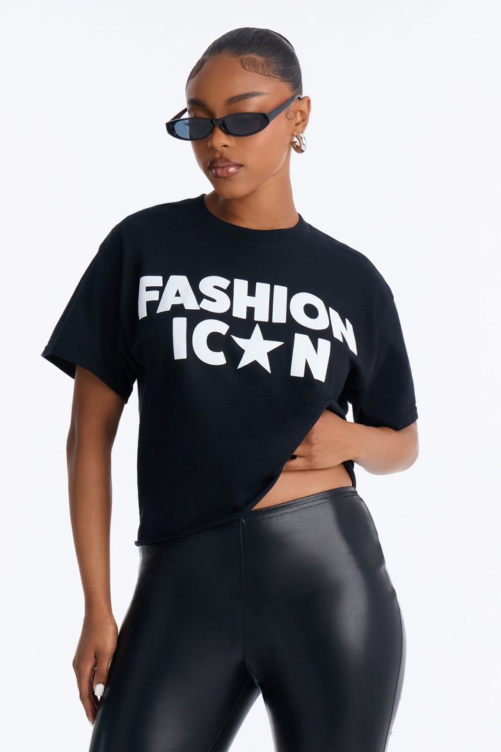 Fashion Icon Statement Raw Hem Tee - Black