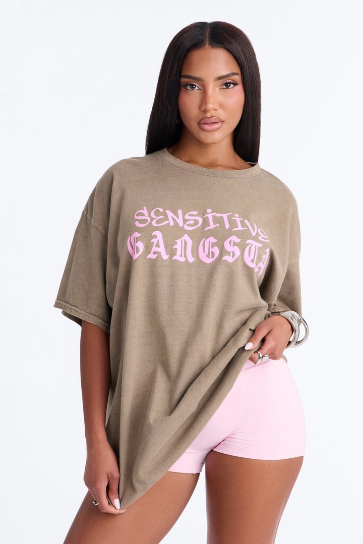 Sensitive Gangsta Washed Oversized Tee - Brown