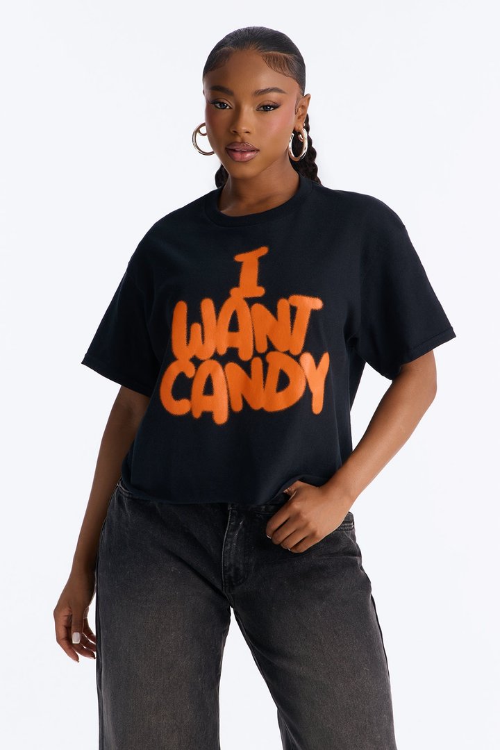 I Want Candy Raw Hem Tee - Black