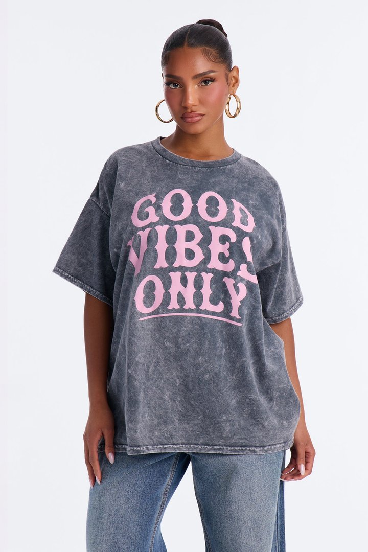 Good Vibes Only Washed Oversized Tee - Charcoal