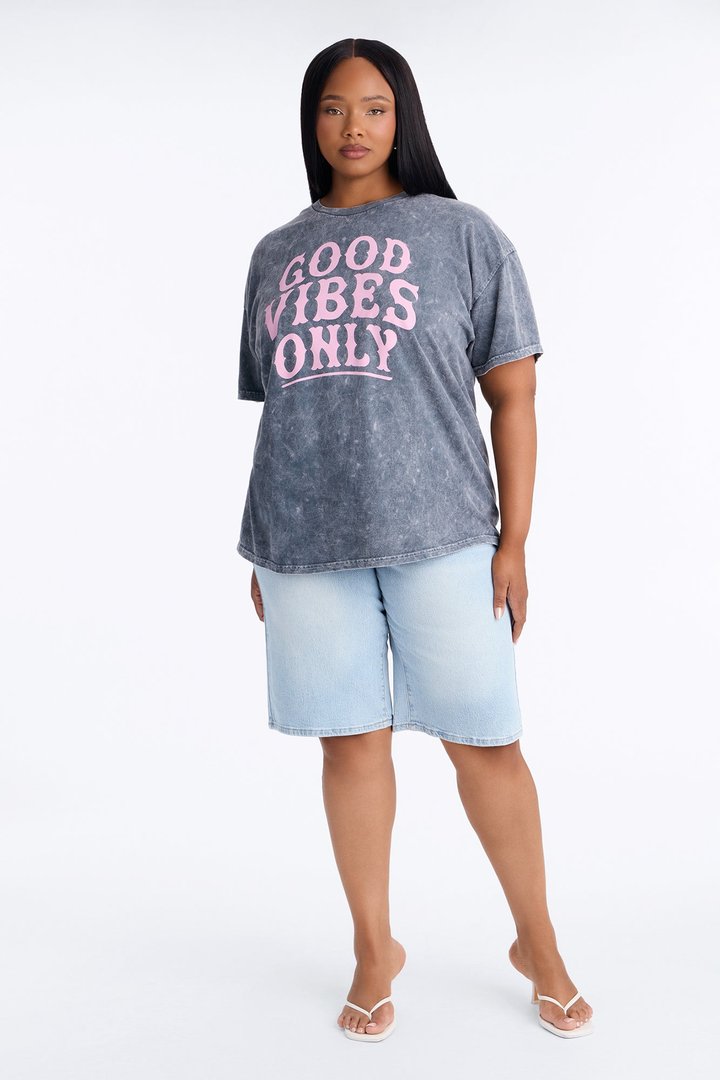 Good Vibes Only Washed Oversized Tee - Charcoal