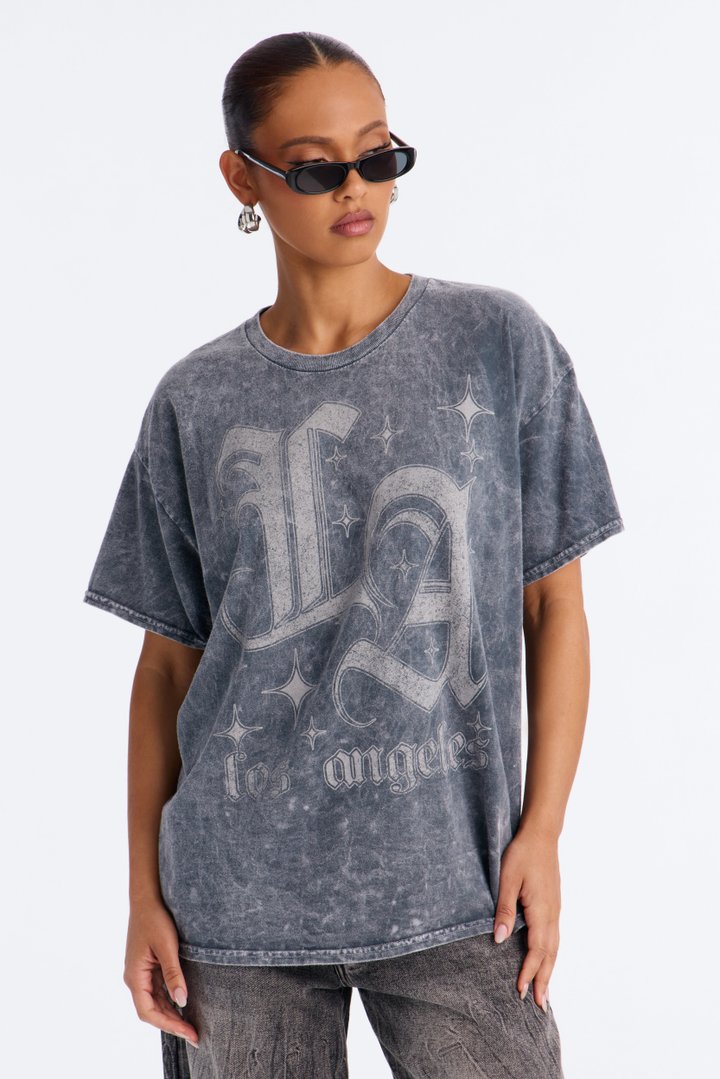 LA Sparkle Oversized Washed Tee - Charcoal