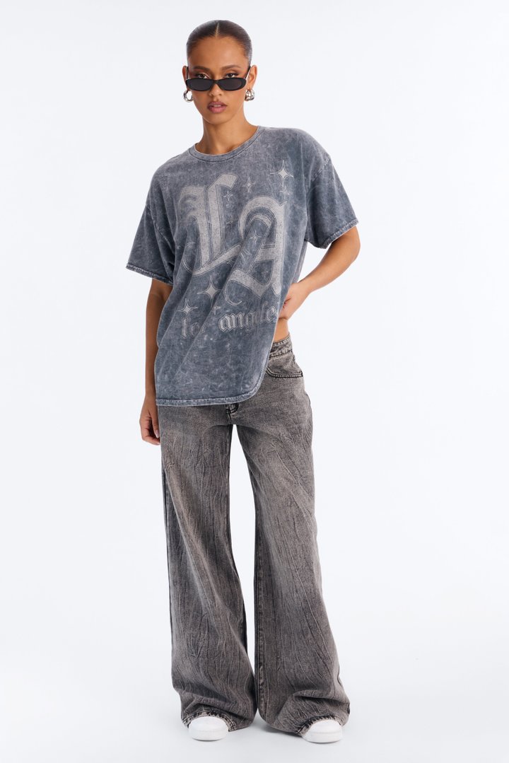 LA Sparkle Oversized Washed Tee - Charcoal