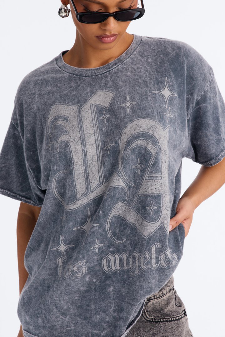 LA Sparkle Oversized Washed Tee - Charcoal