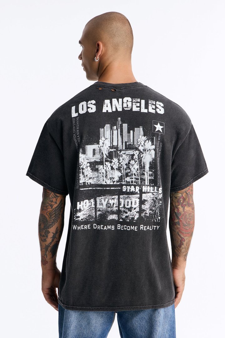 Hollywood Star Hills Distressed Vintage Oversized Short Sleeve Tee - Black