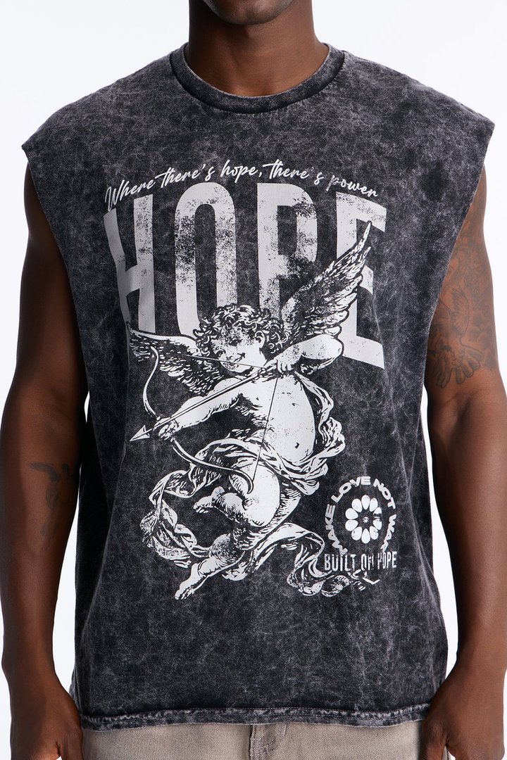 Hope Cherub Vintage Oversized Muscle Tee - Black