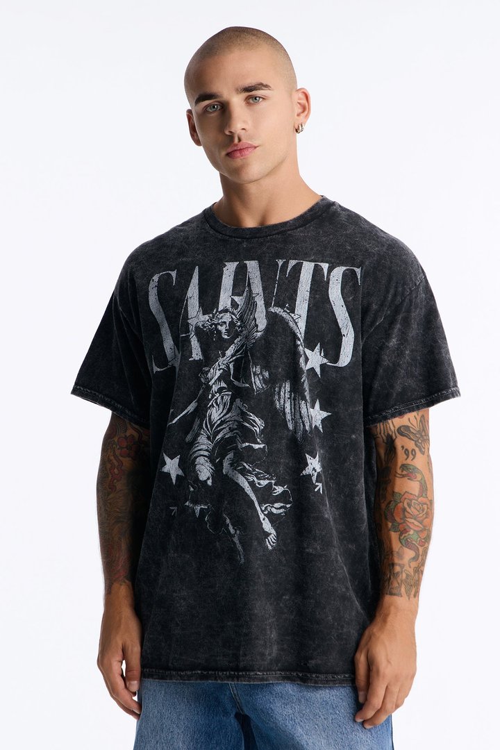 Saints And Stars Distressed Vintage Oversized Short Sleeve Tee - Black