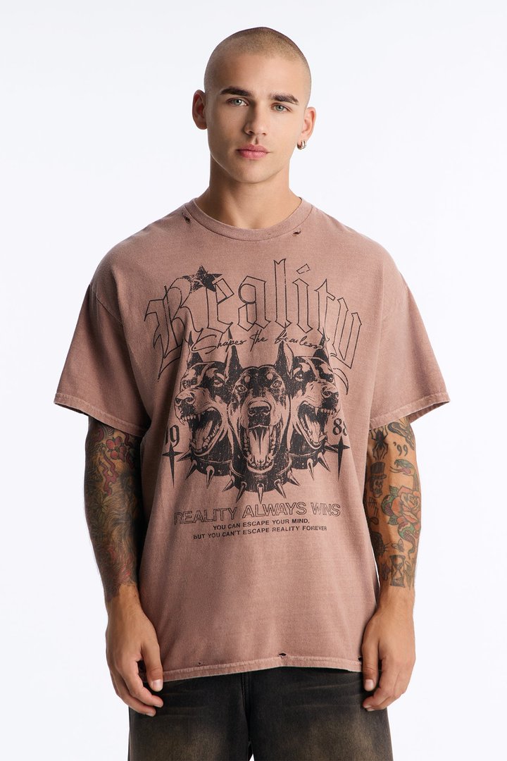 Reality Always Wins Vintage Oversized Short Sleeve Tee - Brown
