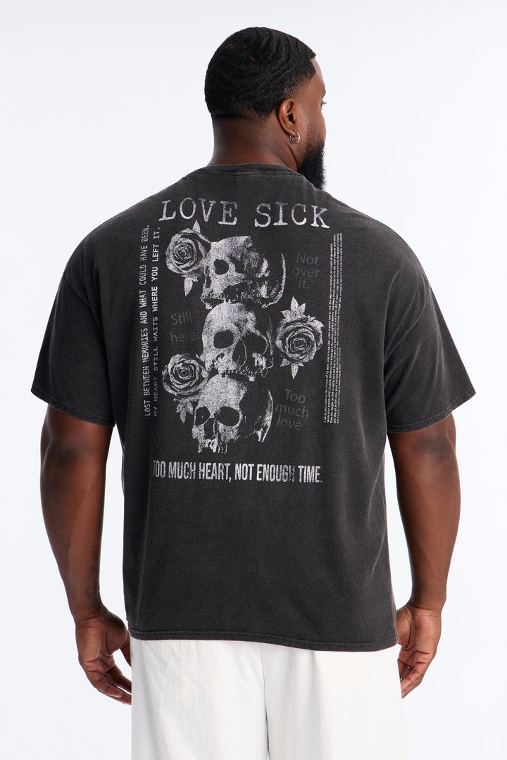 Love Sick Distressed Vintage Oversized Short Sleeve Tee - Black