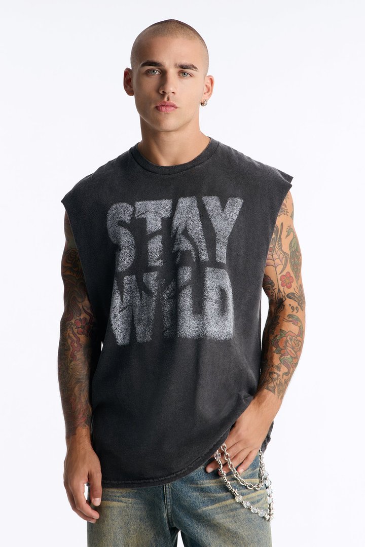 Stay Wild Distressed Vintage Oversized Muscle Tank - Black