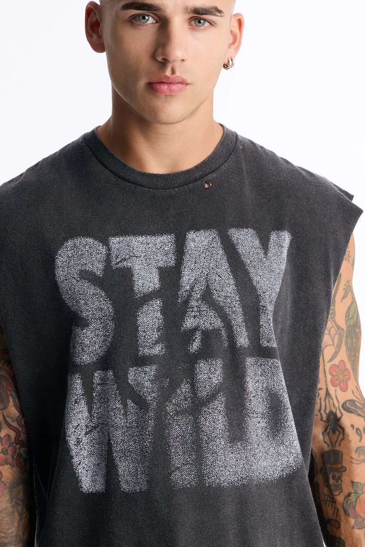 Stay Wild Distressed Vintage Oversized Muscle Tank - Black