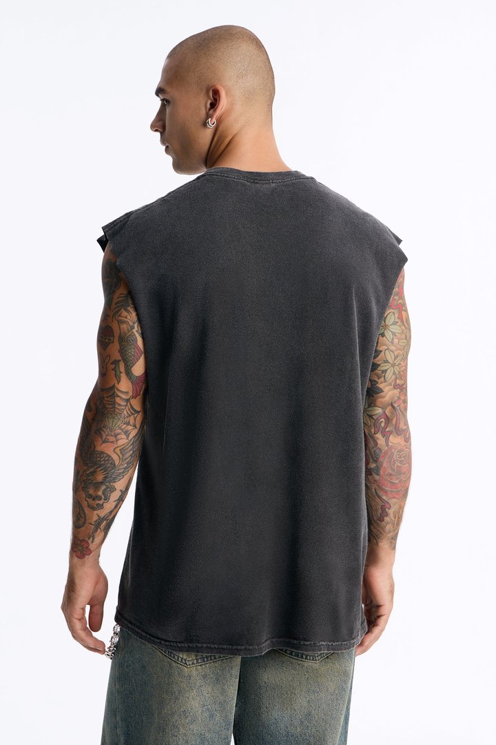 Stay Wild Distressed Vintage Oversized Muscle Tank - Black