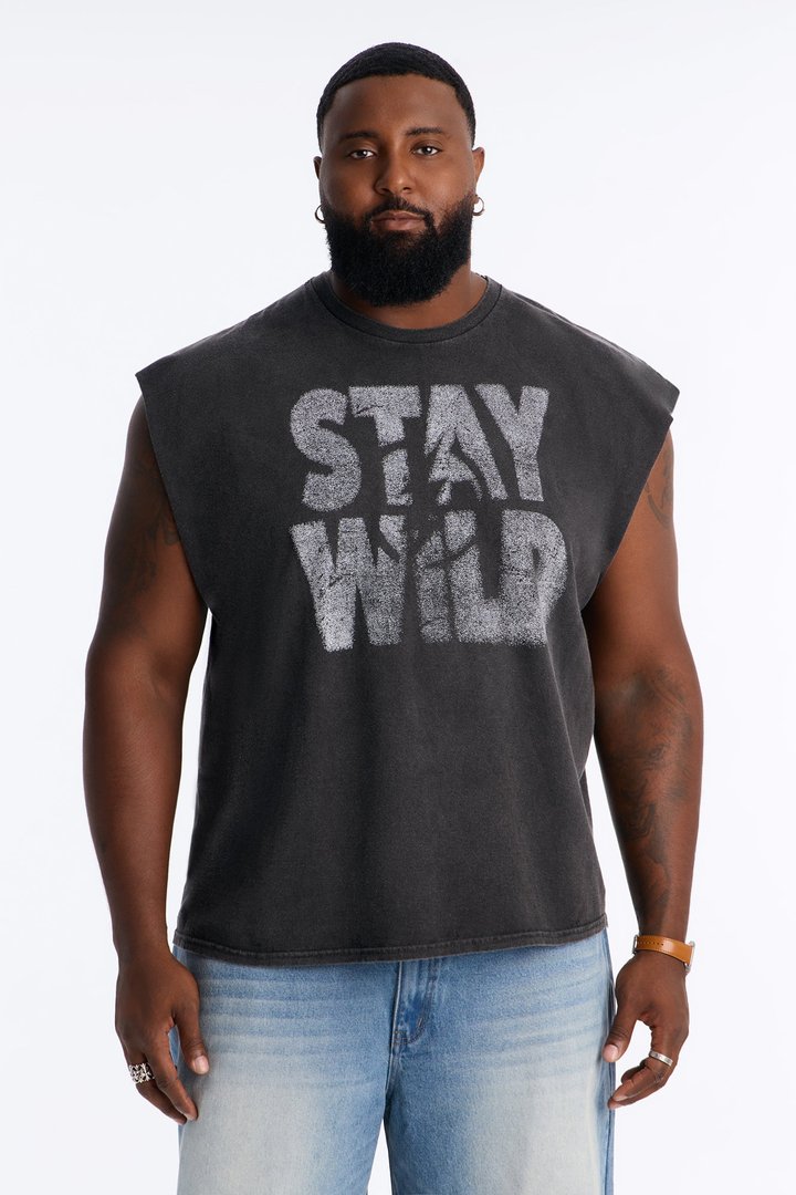Stay Wild Distressed Vintage Oversized Muscle Tank - Black