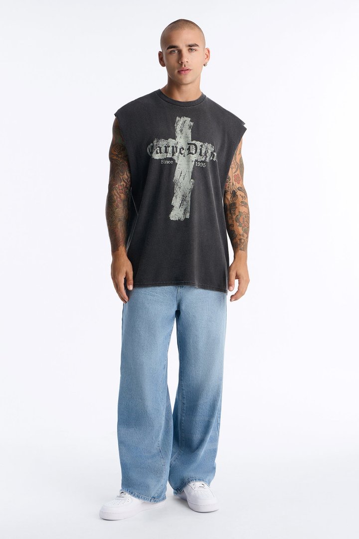 Carpe Diem Vintage Oversized Muscle Tank - Black