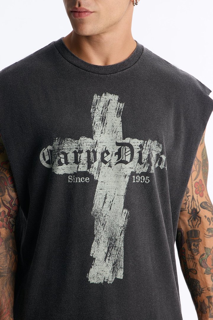 Carpe Diem Vintage Oversized Muscle Tank - Black