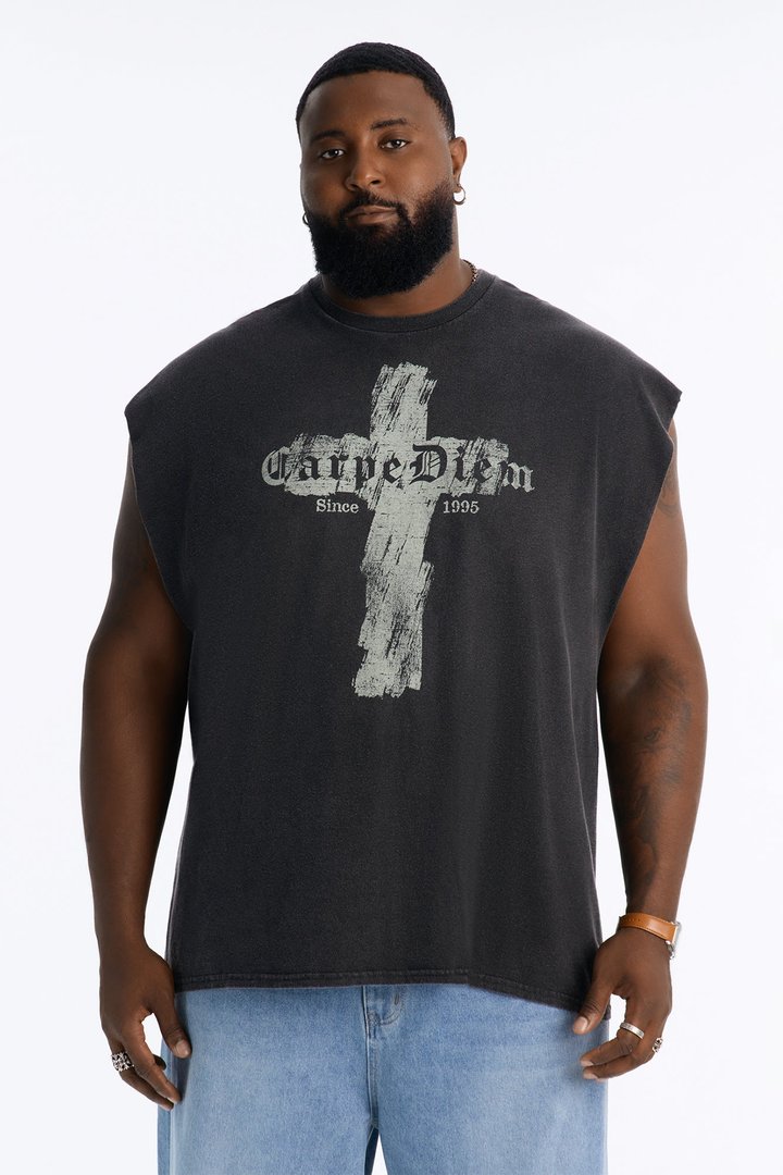 Carpe Diem Vintage Oversized Muscle Tank - Black