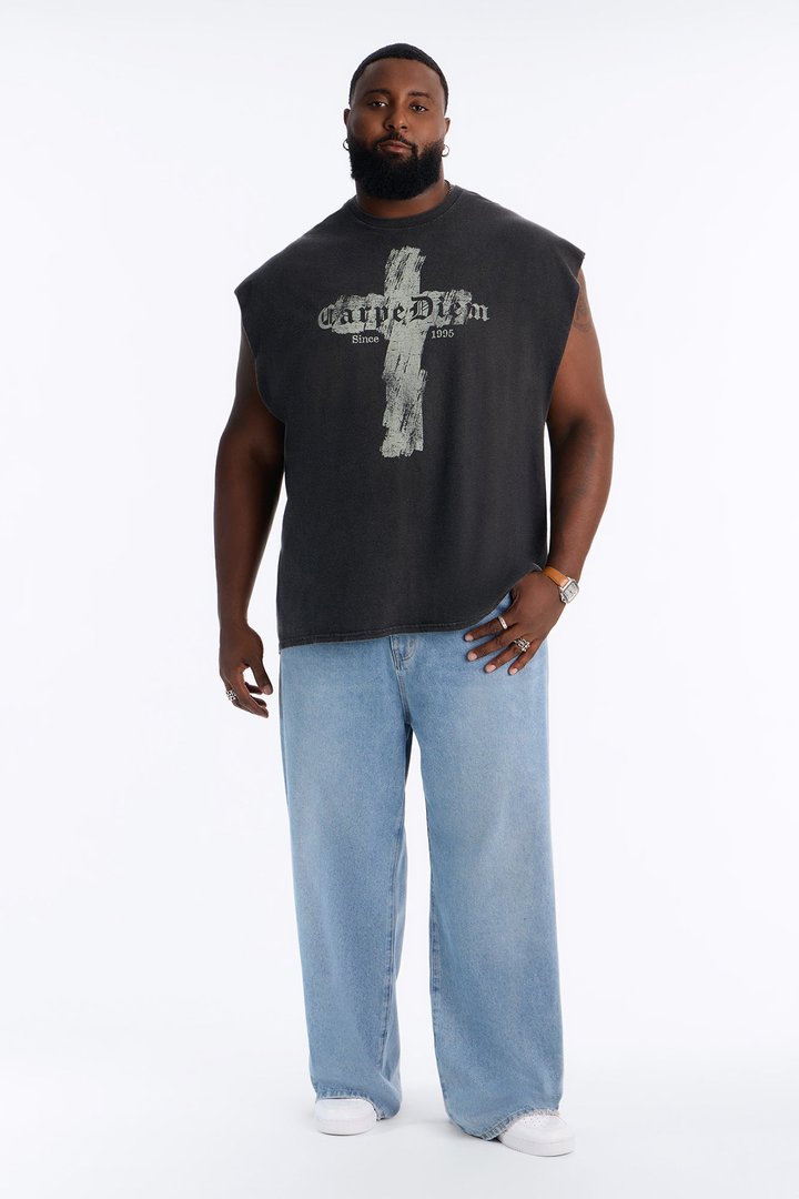 Carpe Diem Vintage Oversized Muscle Tank - Black