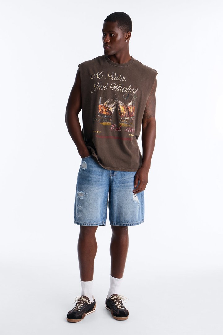 No Rules Just Whiskey Vintage Oversized Muscle Tee - Dark Brown