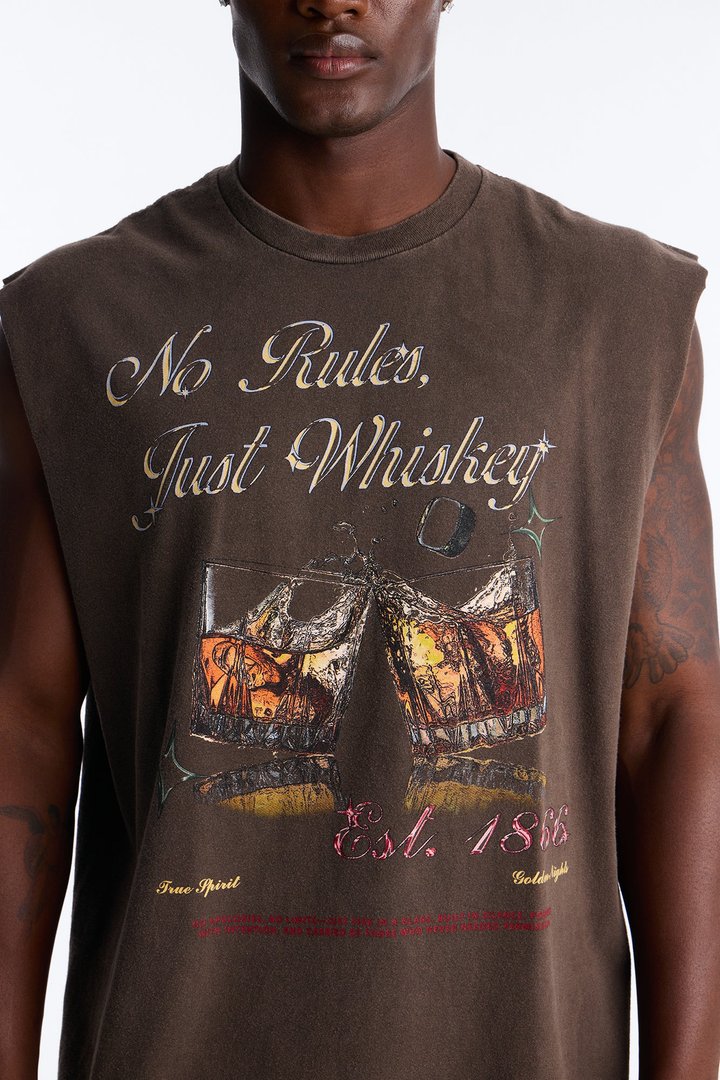 No Rules Just Whiskey Vintage Oversized Muscle Tee - Dark Brown