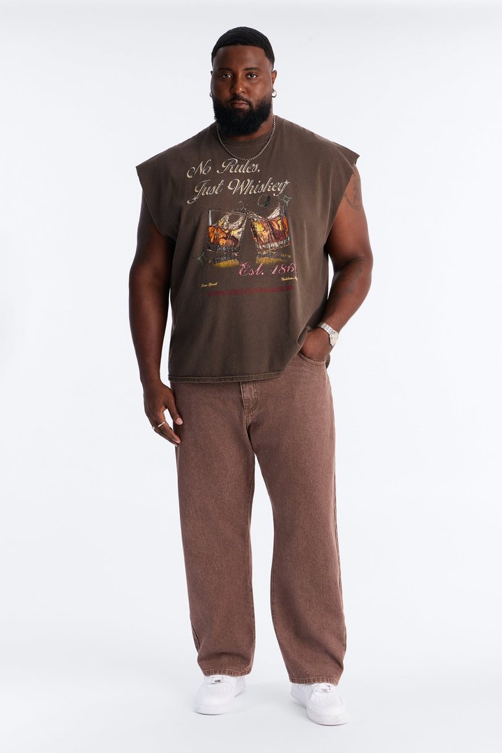 No Rules Just Whiskey Vintage Oversized Muscle Tee - Dark Brown