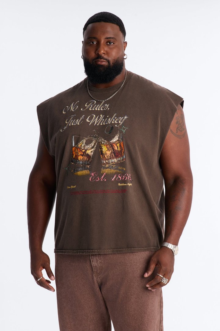 No Rules Just Whiskey Vintage Oversized Muscle Tee - Dark Brown